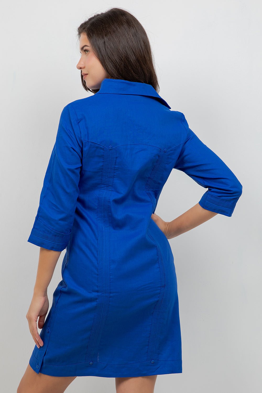 Camisa Guayabera de Vestir para Mujer Manga 3/4 con 4 Bolsillos y Botones