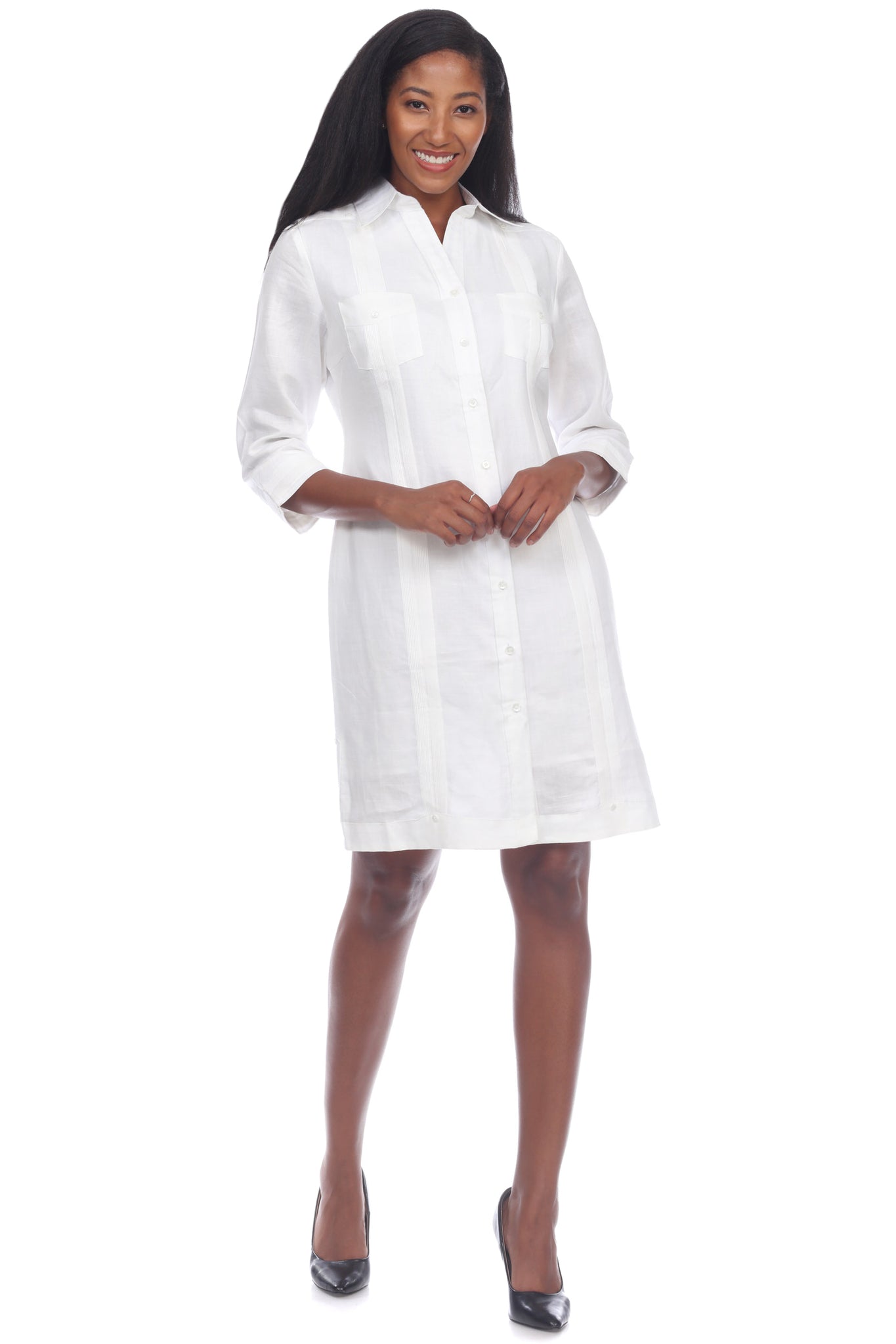 Women's Guayabera Dress Classic Style 100% Linen 3/4 Sleeve and Button Down