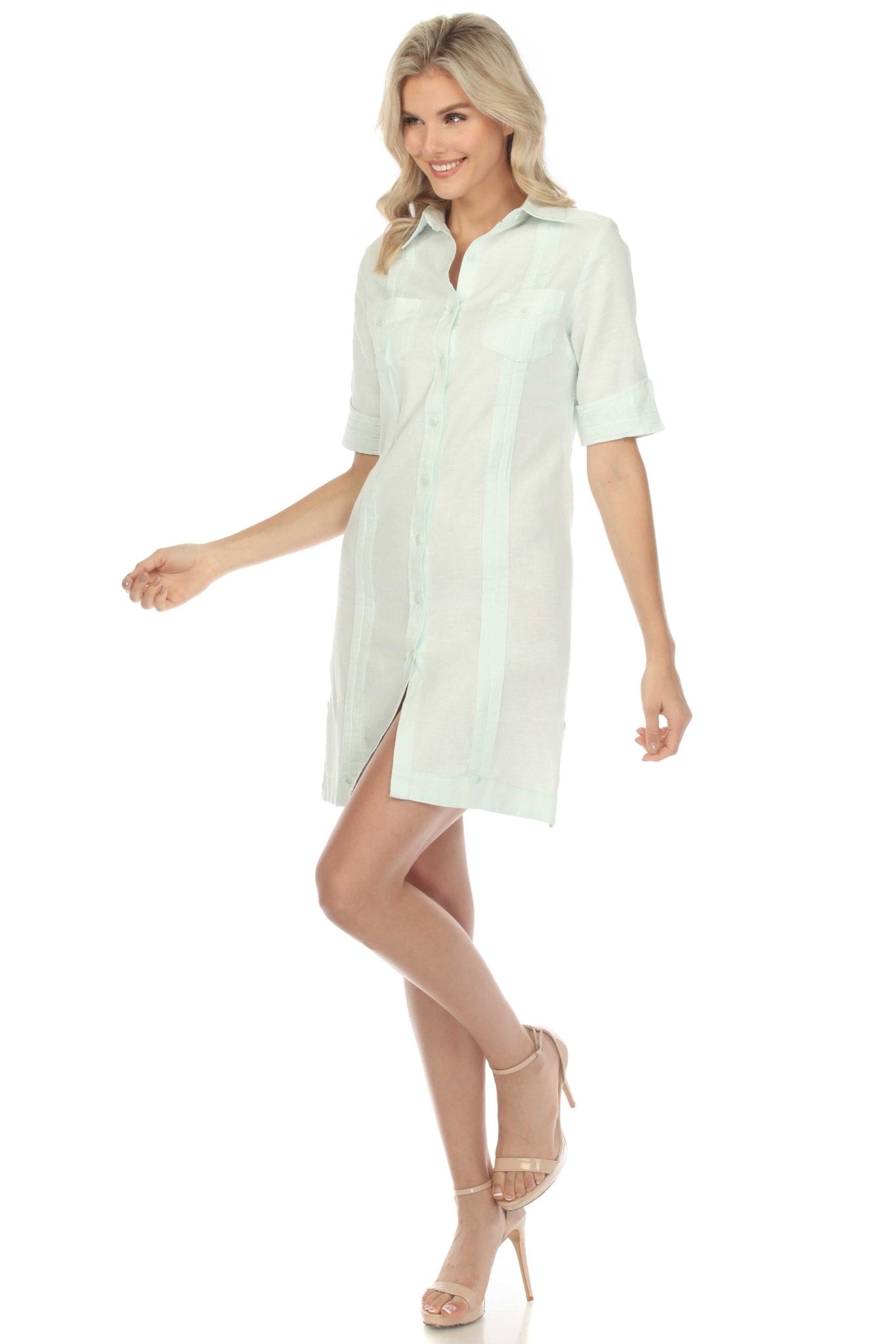 Women's Classic Guayabera Dress Linen Blend Short Sleeve Button Down
