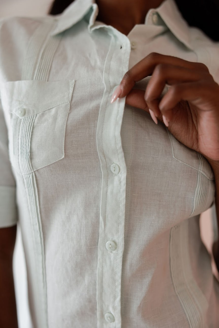 Mojito Women's Classic Guayabera Dress Linen Blend Short Sleeve Button Down