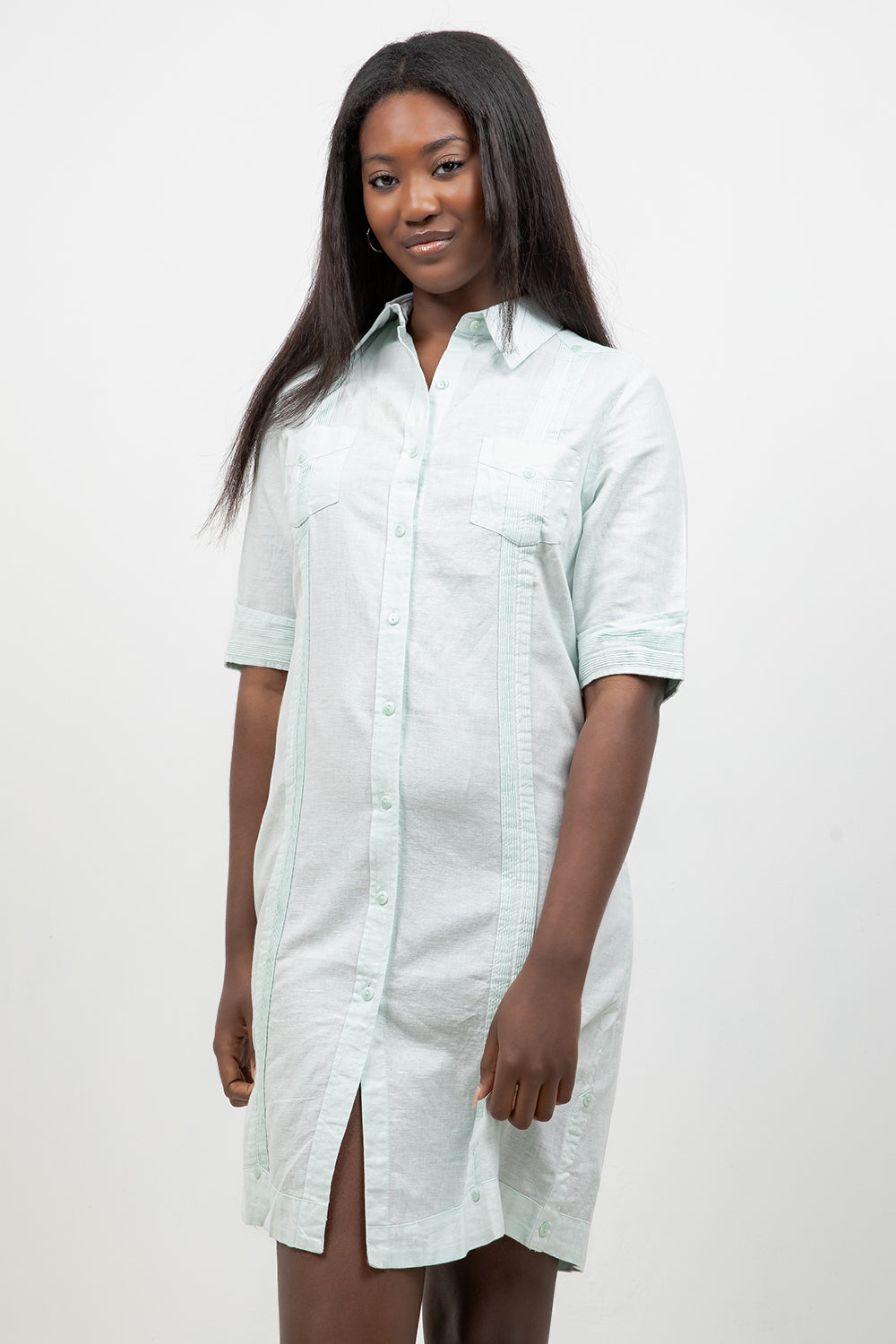 ladies guayabera dress 100% Soft Linen Traditional (4) Pocket in (5) Colors Inspired by our signature Tejas Guayabera and designed for women by popular demand Women's Classic Guayabera Shirt-Dress Short