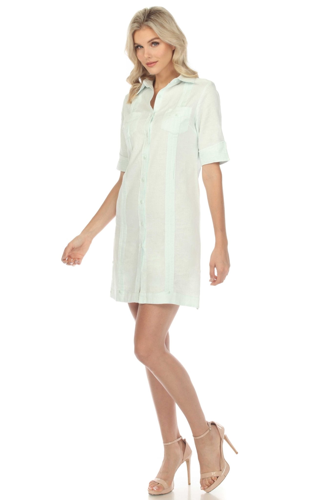 Women's Classic Guayabera Dress Linen Blend Short Sleeve Button Down