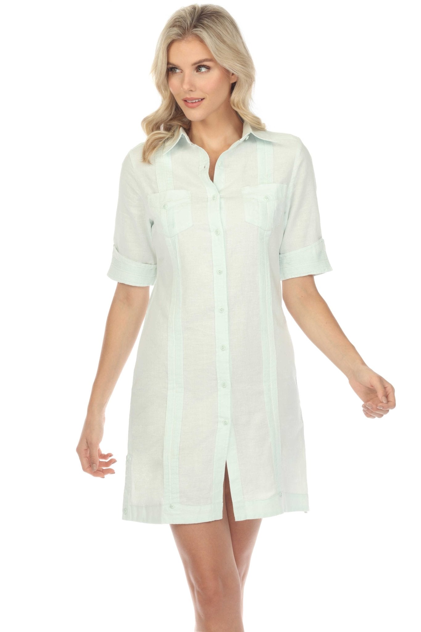 Women's Classic Guayabera Dress Linen Blend Short Sleeve Button Down