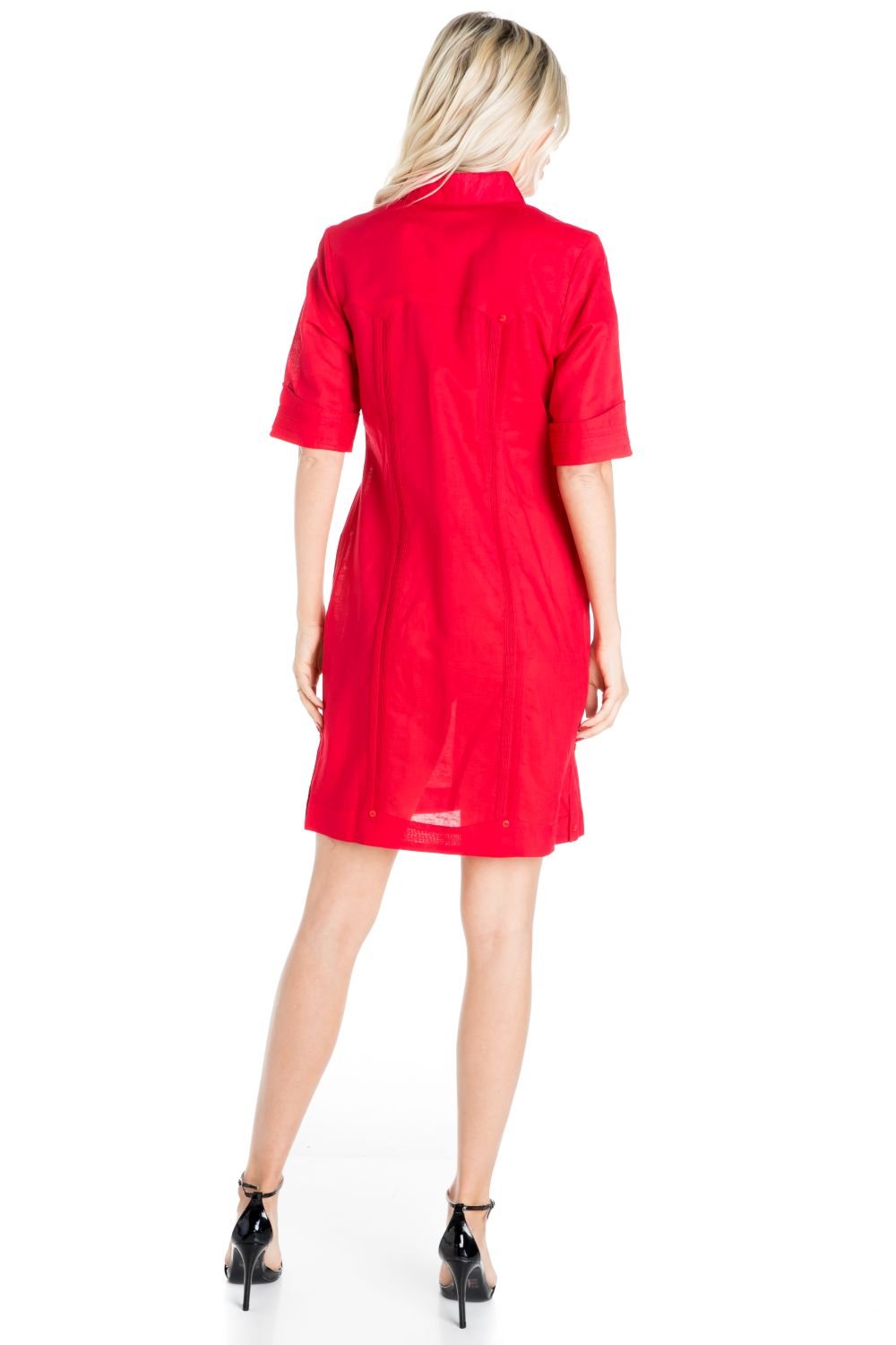 Women's Classic Guayabera Shirt-Dress Short Sleeve Linen X-Large / RED Women's Classic Guayabera Shirt-Dress Short Sleeve Linen X-Large / RED