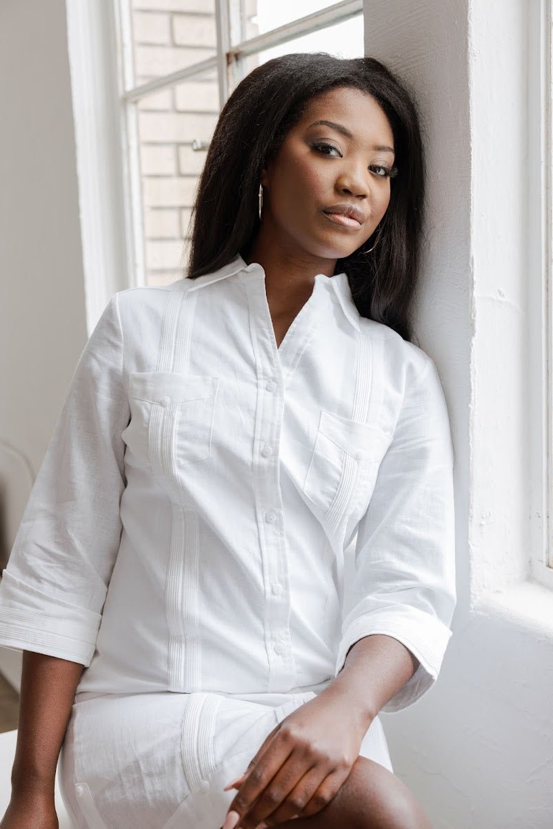 Women's Classic Guayabera Shirt-Dress Short Sleeve Linen X-Large / White Women's Classic Guayabera Shirt-Dress Short Sleeve Linen X-Large / White
