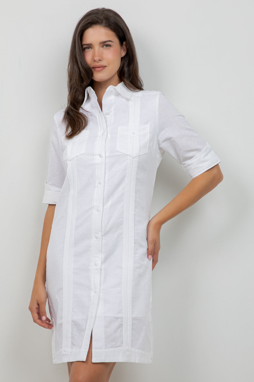Vestido clásico guayabera para mujer, de mezcla de lino, manga corta, botones