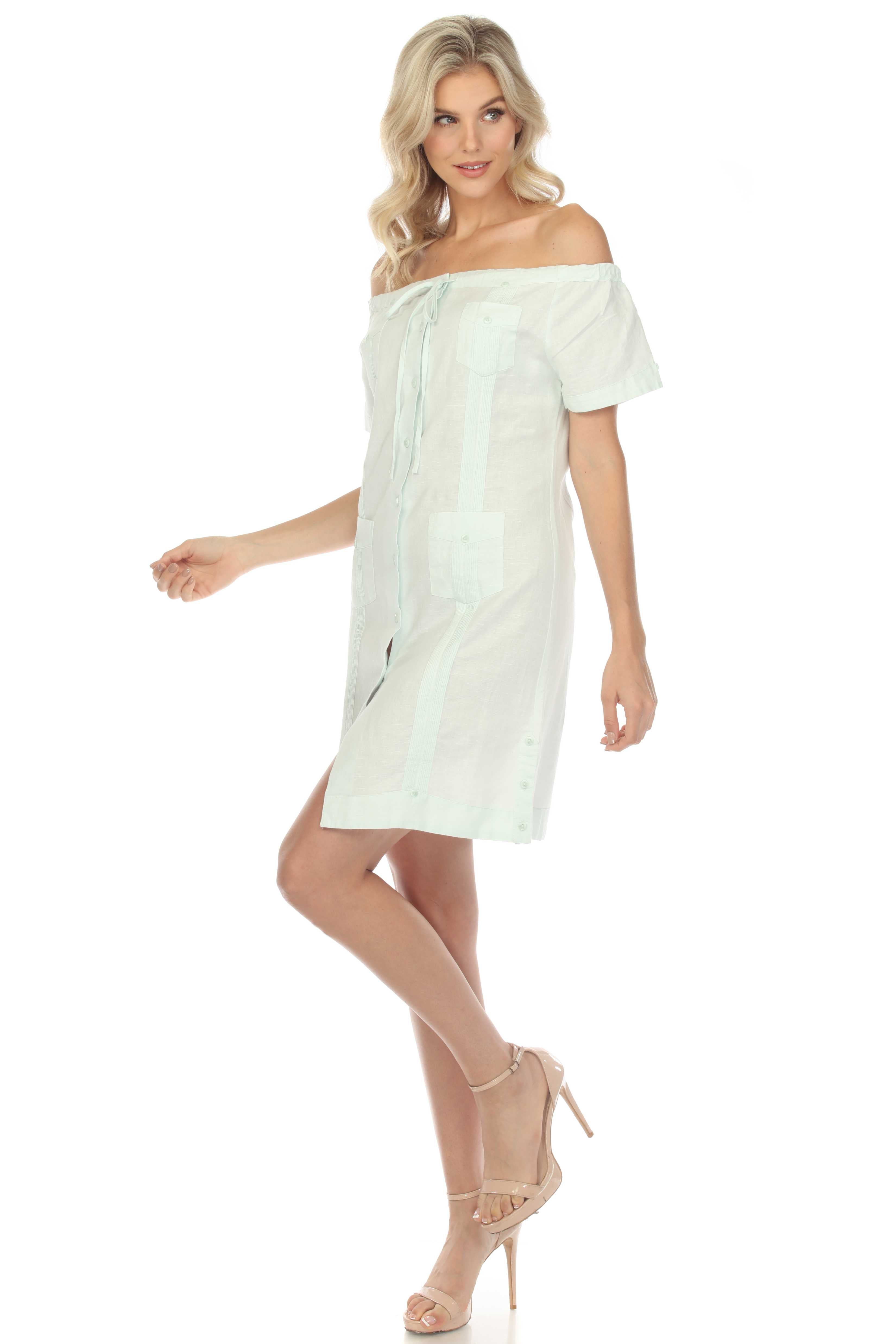 Mojito Women's Guayabera Dress Sexy Off Shoulder Linen Blend Button Down