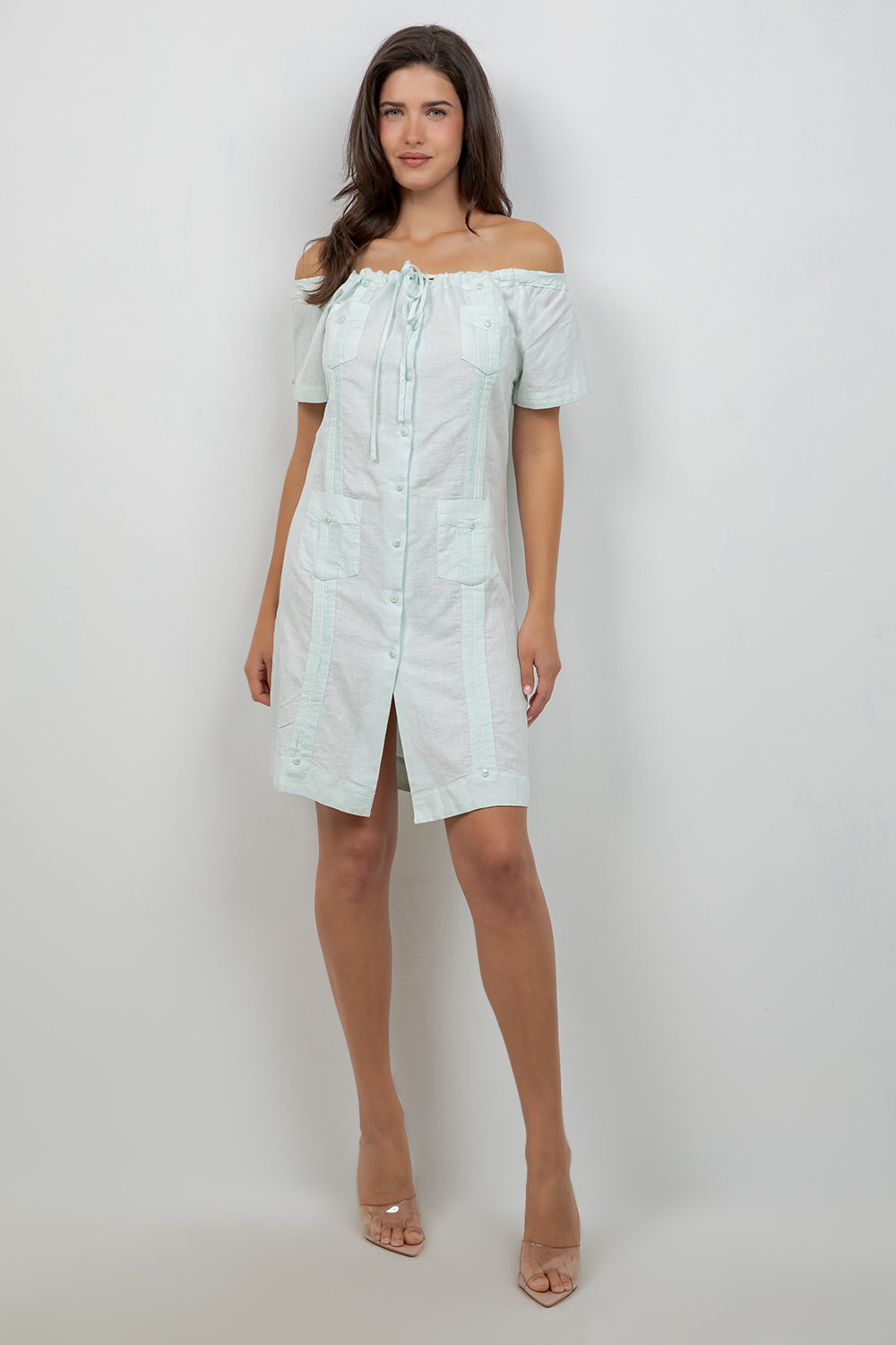 Guayabera Dress Off Shoulder Linen Blend Button Down