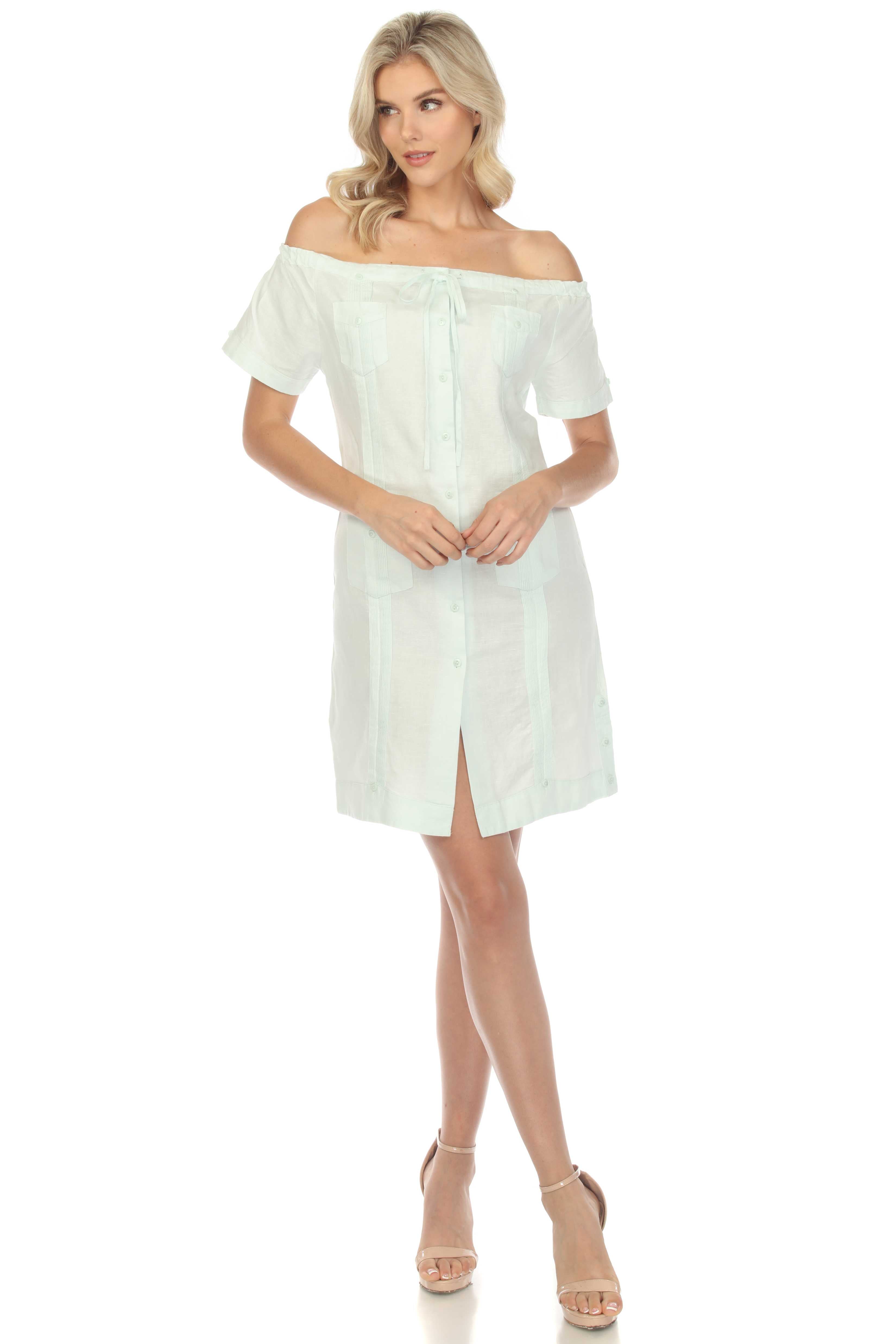 Mojito Women's Guayabera Dress Sexy Off Shoulder Linen Blend Button Down