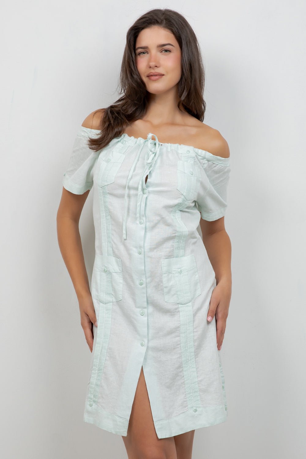 Vestido guayabera sexy de lino con hombros descubiertos y botones para mujer