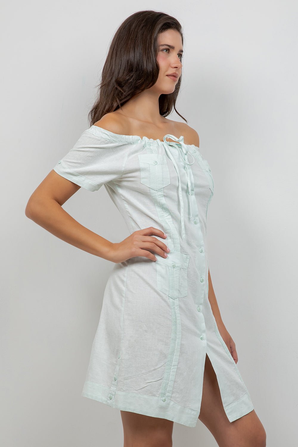 Guayabera Dress Off Shoulder Linen Blend Button Down