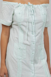 Guayabera Dress Off Shoulder Linen Blend Button Down
