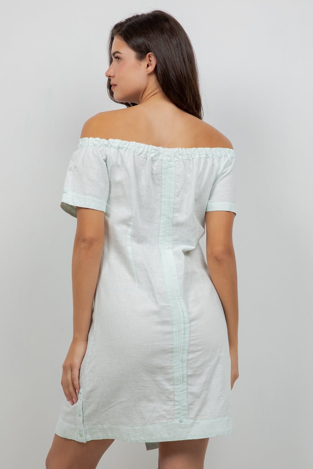 Guayabera Dress Off Shoulder Linen Blend Button Down