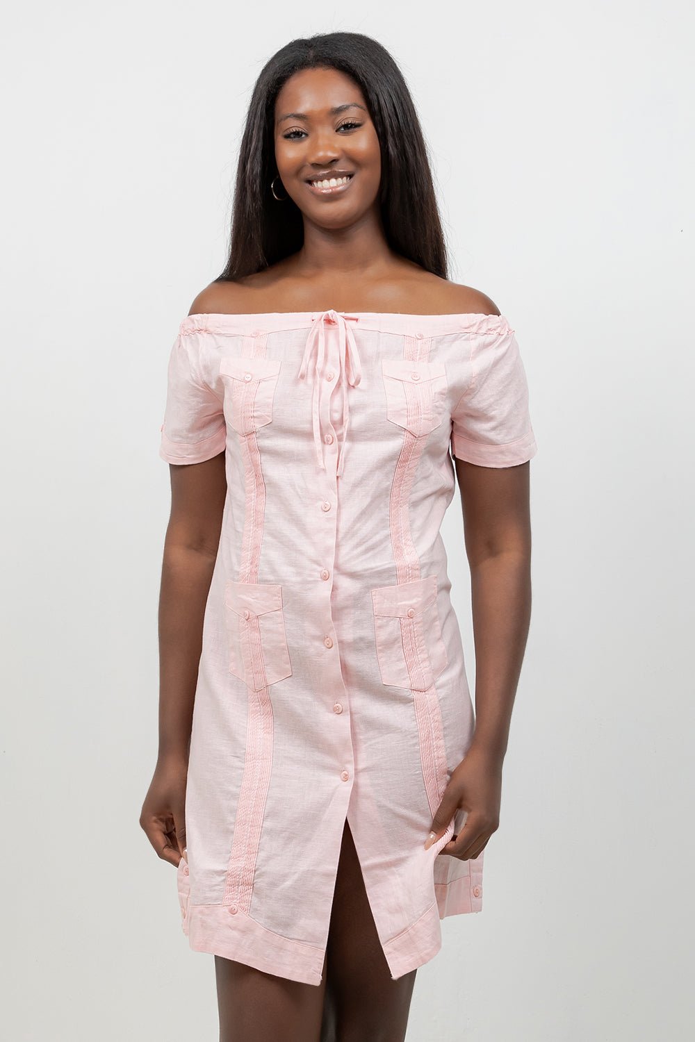 Guayabera Dress Off Shoulder Linen Blend Button Down