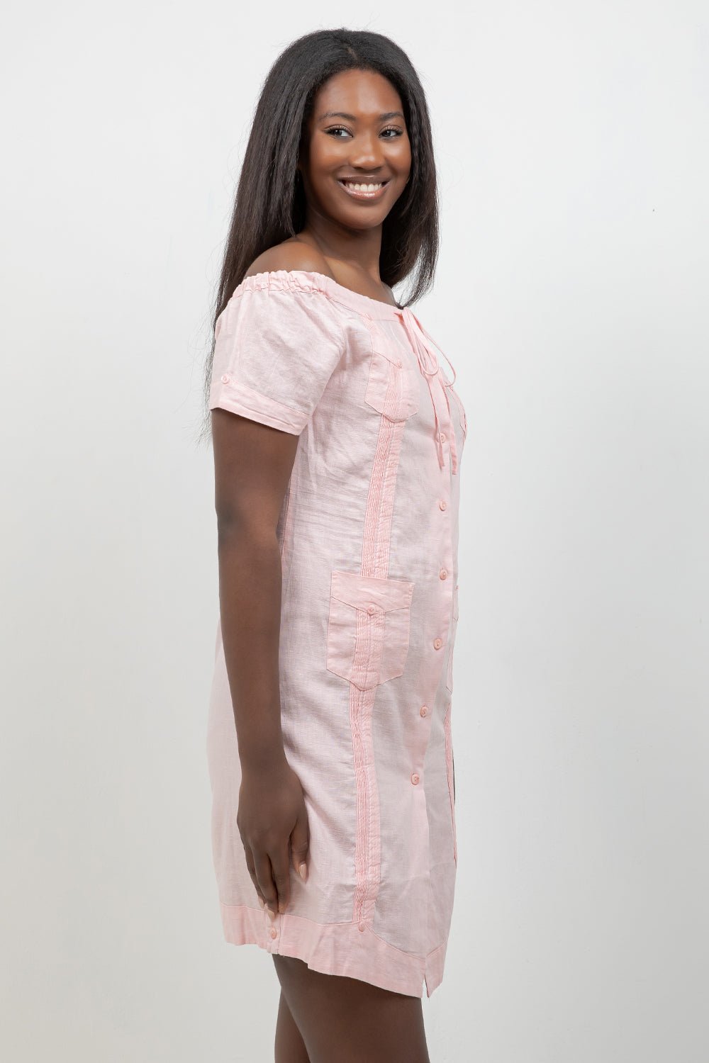 Guayabera Dress Off Shoulder Linen Blend Button Down