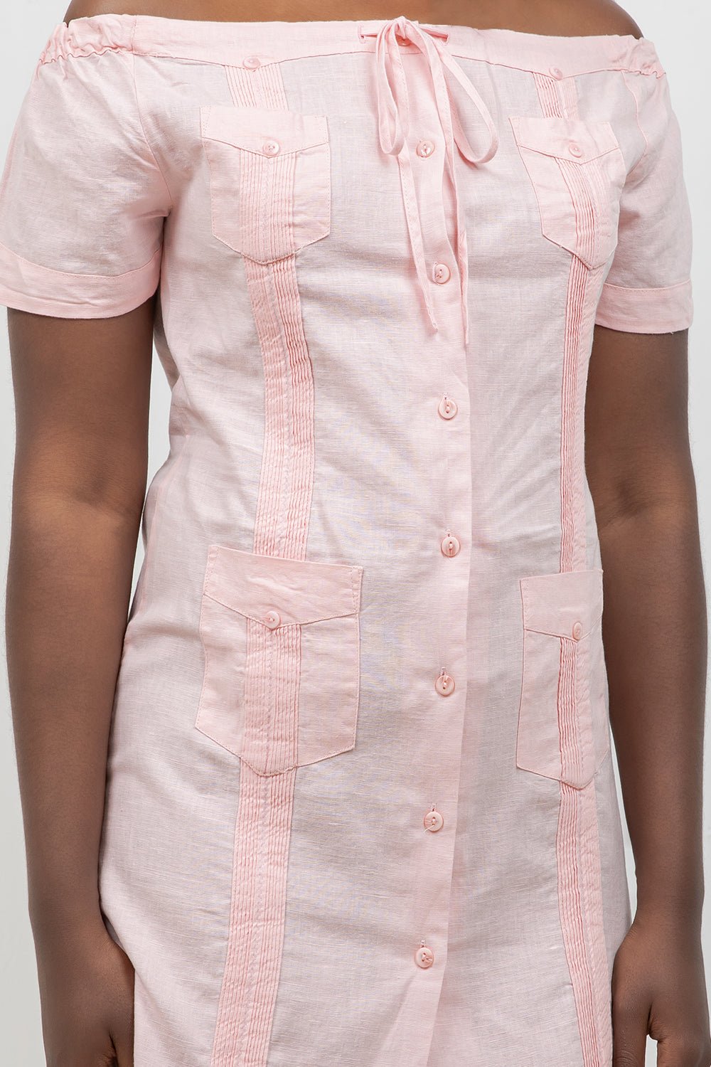 Guayabera Dress Off Shoulder Linen Blend Button Down