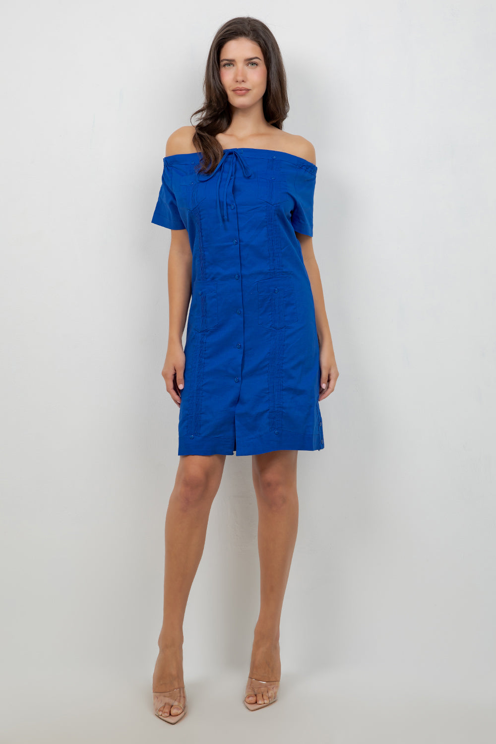 Guayabera Dress Off Shoulder Linen Blend Button Down