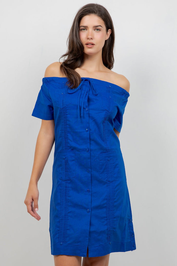 Women's crisp white off shoulder guayabera dress, short sleeve, front view, linen cotton blend, Mojito Collection