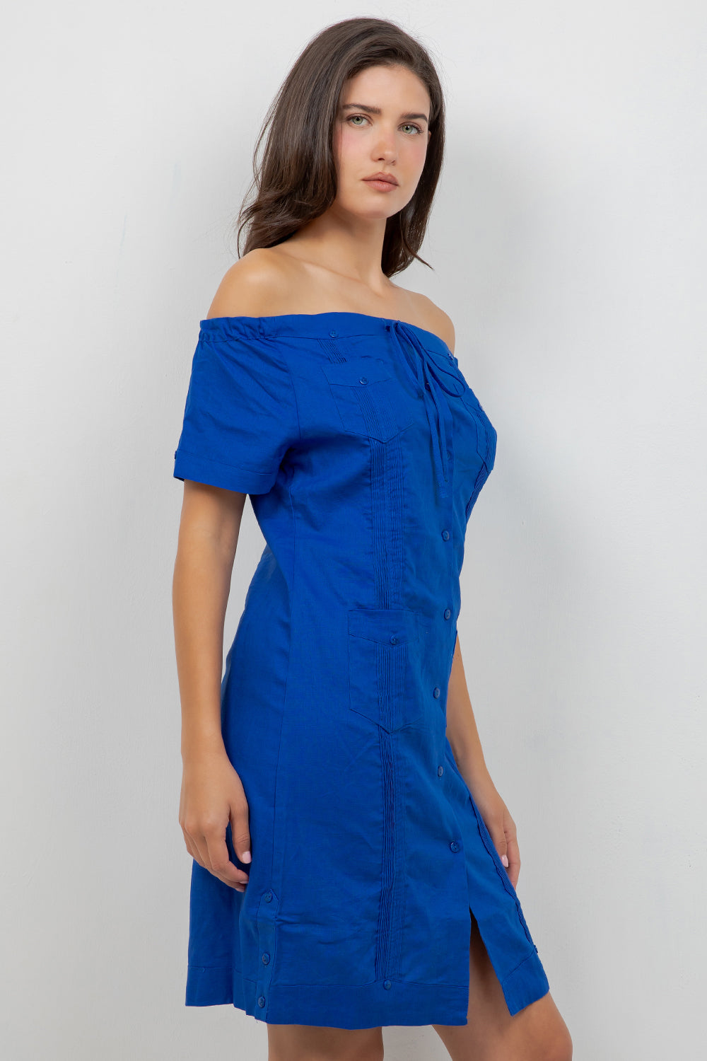 Guayabera Dress Off Shoulder Linen Blend Button Down