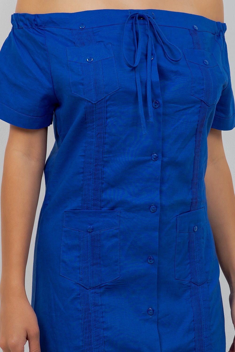 Guayabera Dress Off Shoulder Linen Blend Button Down