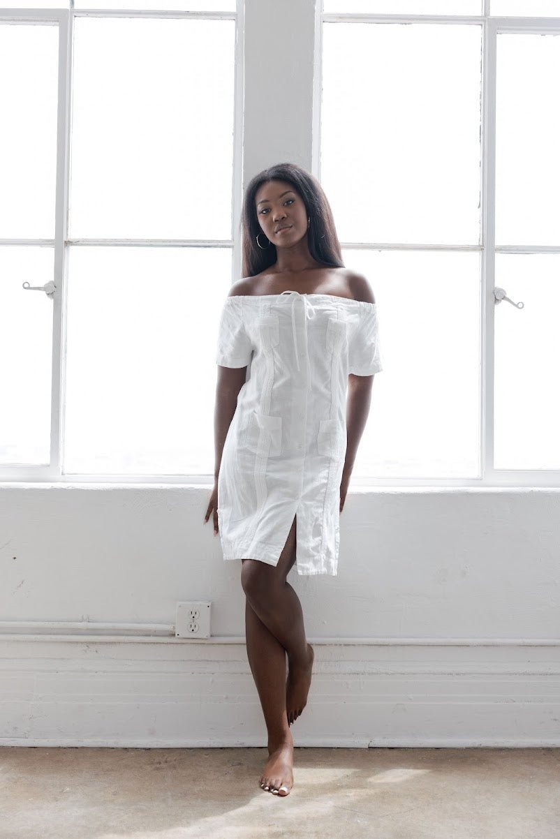 Women's Off-Shoulder Guayabera Dress | Linen Large / AQUAMARINE Women's Off-Shoulder Guayabera Dress | Linen Large / AQUAMARINE