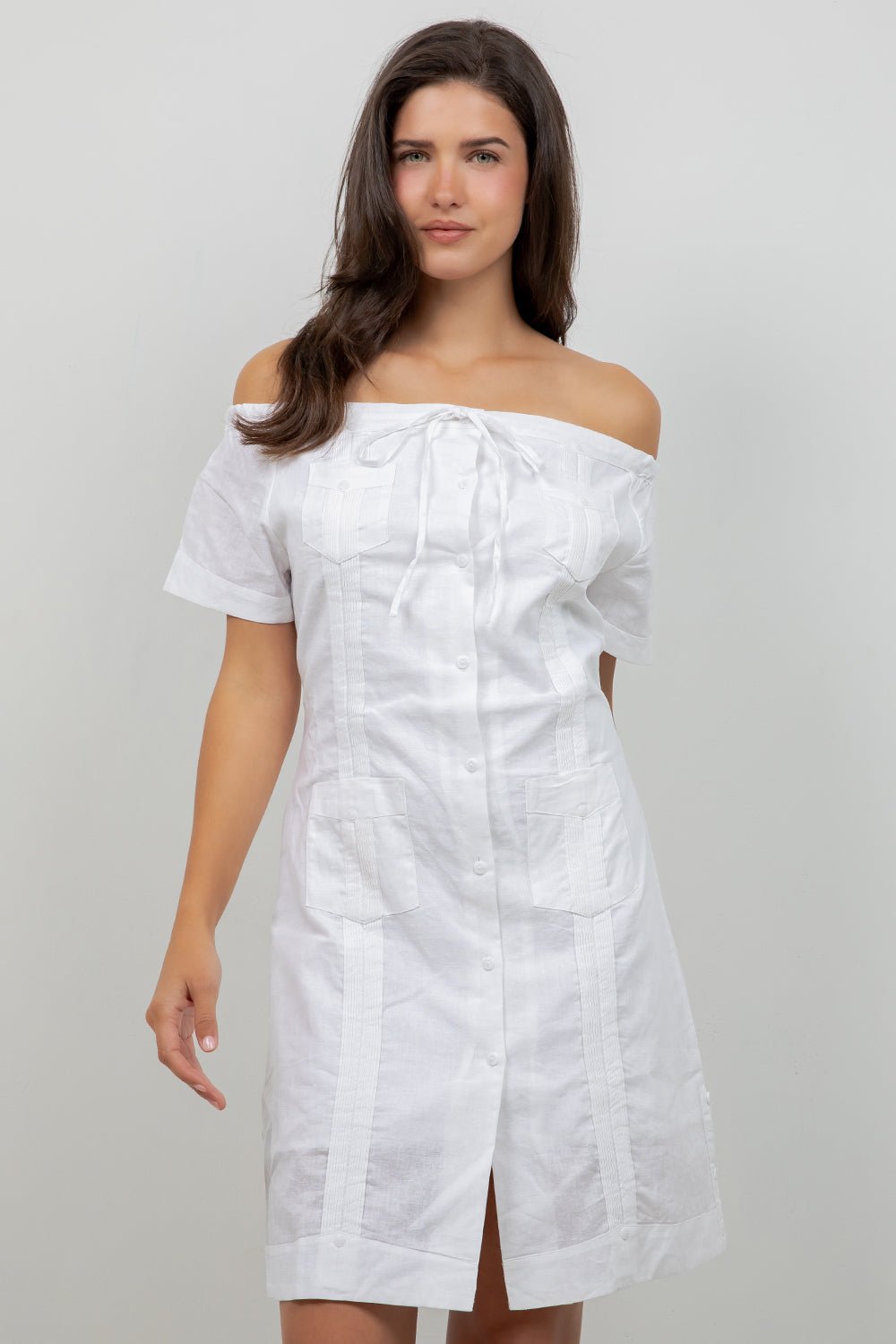 Vestido guayabera sexy de lino con hombros descubiertos y botones para mujer