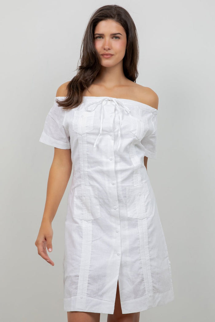 Guayabera Dress Off Shoulder Linen Blend Button Down