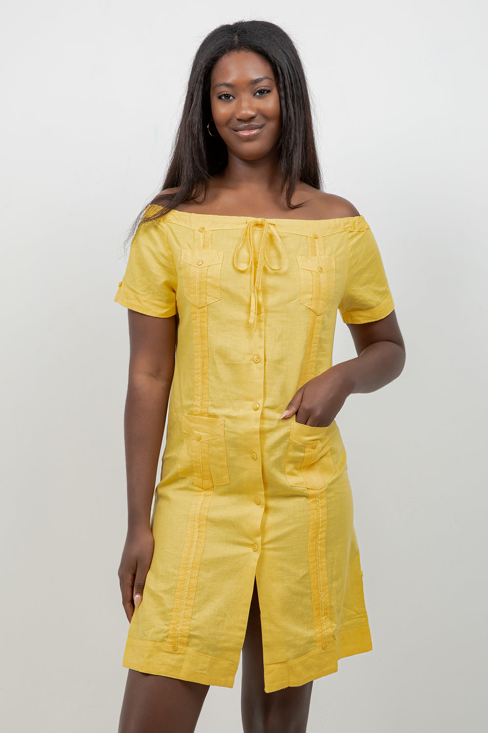 Vestido guayabera sexy de lino con hombros descubiertos y botones para mujer