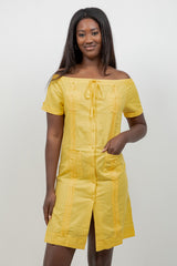 Vestido Guayabera de Hombros Descubiertos con Botones de Lino