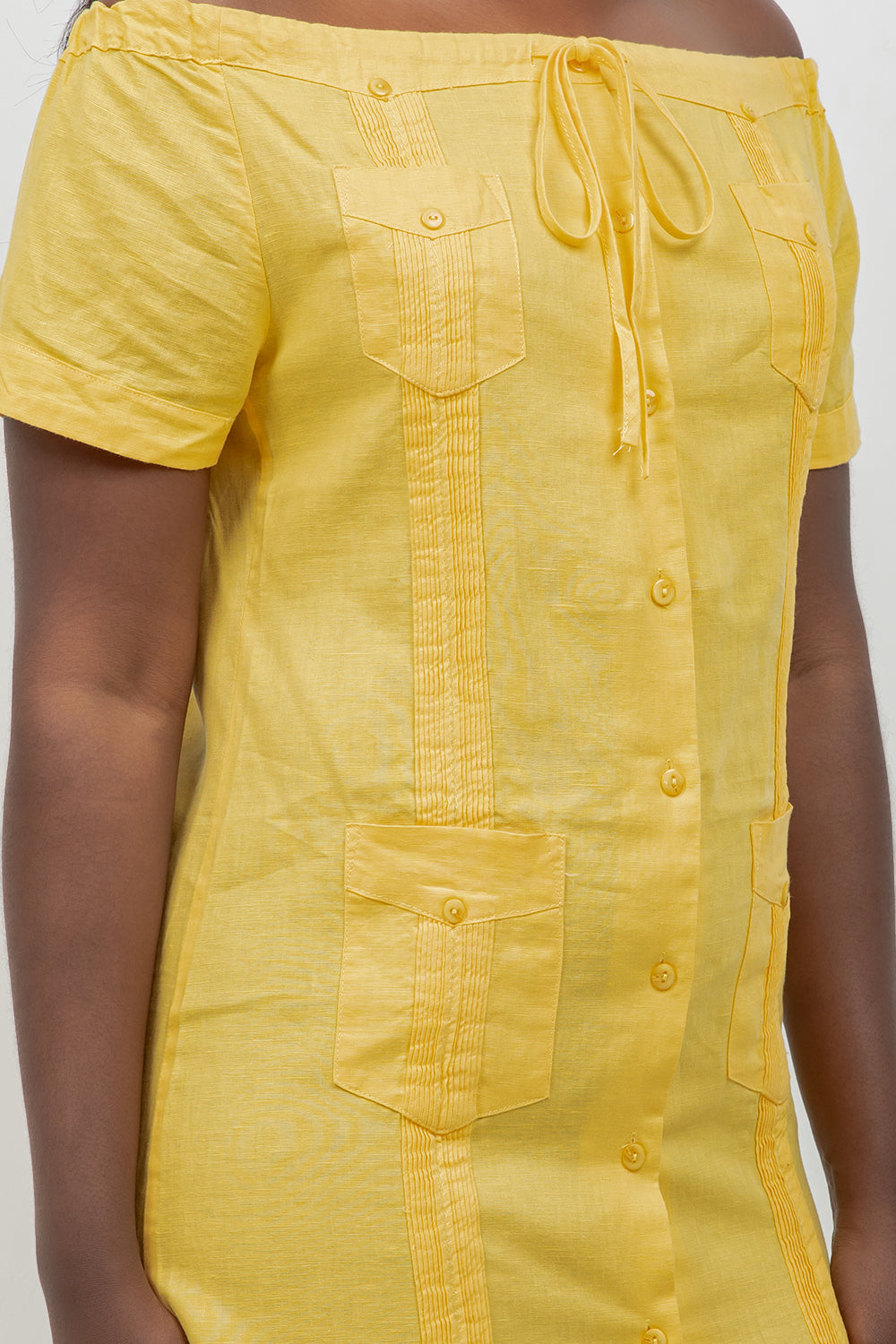 Guayabera Dress Off Shoulder Linen Blend Button Down