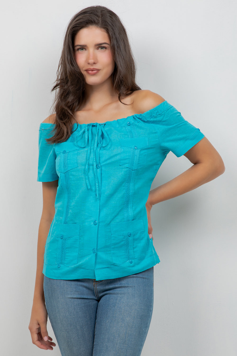 Women's Sexy Guayabera Off-Shoulder Top Button Down Linen Blend S-2X - Mojito Collection - Guayabera Halter Top, Mojito Guayabera Shirt Women, Womens Guayabera Shirt, Womens Shirt