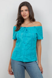 Women's Sexy Guayabera Off-Shoulder Top Button Down Linen Blend S-2X - Mojito Collection - Guayabera Halter Top, Mojito Guayabera Shirt Women, Womens Guayabera Shirt, Womens Shirt