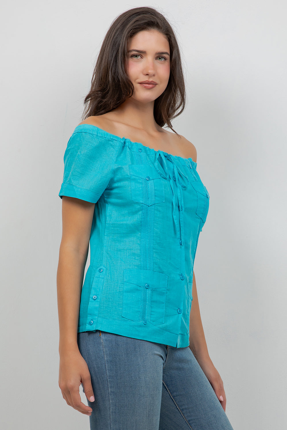 Women's Sexy Guayabera Off-Shoulder Top Button Down Linen Blend S-2X - Mojito Collection - Guayabera Halter Top, Mojito Guayabera Shirt Women, Womens Guayabera Shirt, Womens Shirt