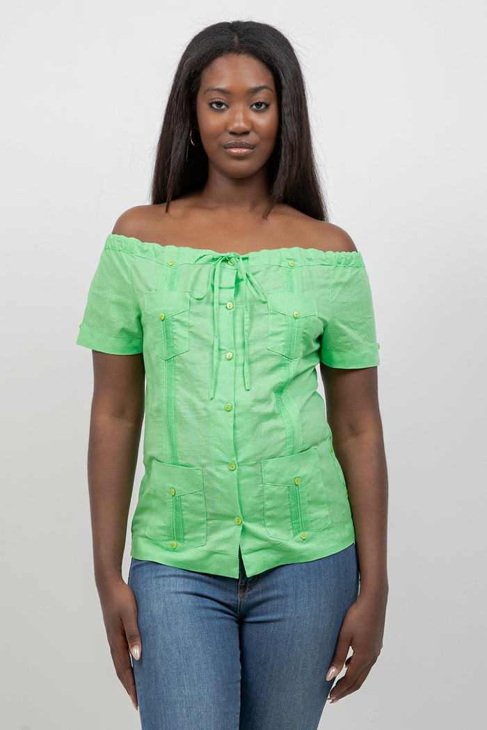 Women's white off shoulder guayabera top, short sleeve, front view, vacation outfit, Mojito Collection