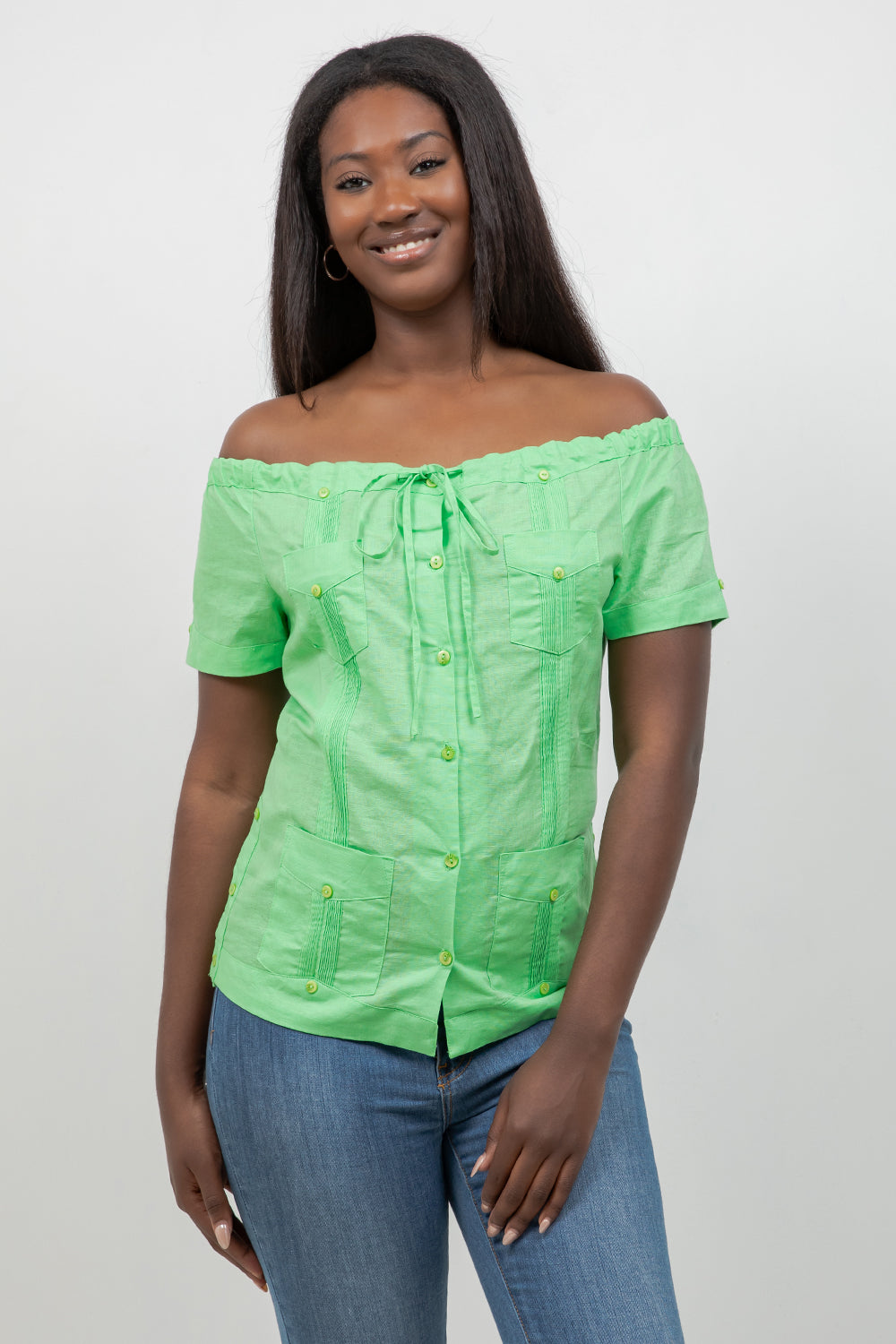 Off-Shoulder Guayabera Top – Linen Blend Button Down