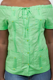 Off-Shoulder Guayabera Top – Linen Blend Button Down