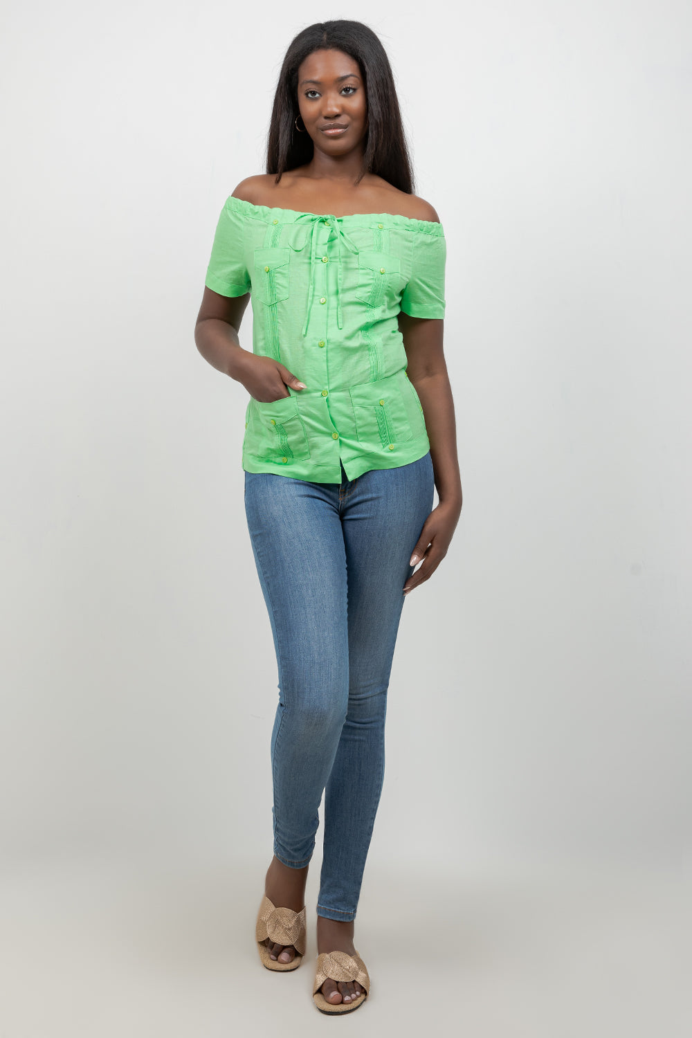 Off-Shoulder Guayabera Top – Linen Blend Button Down