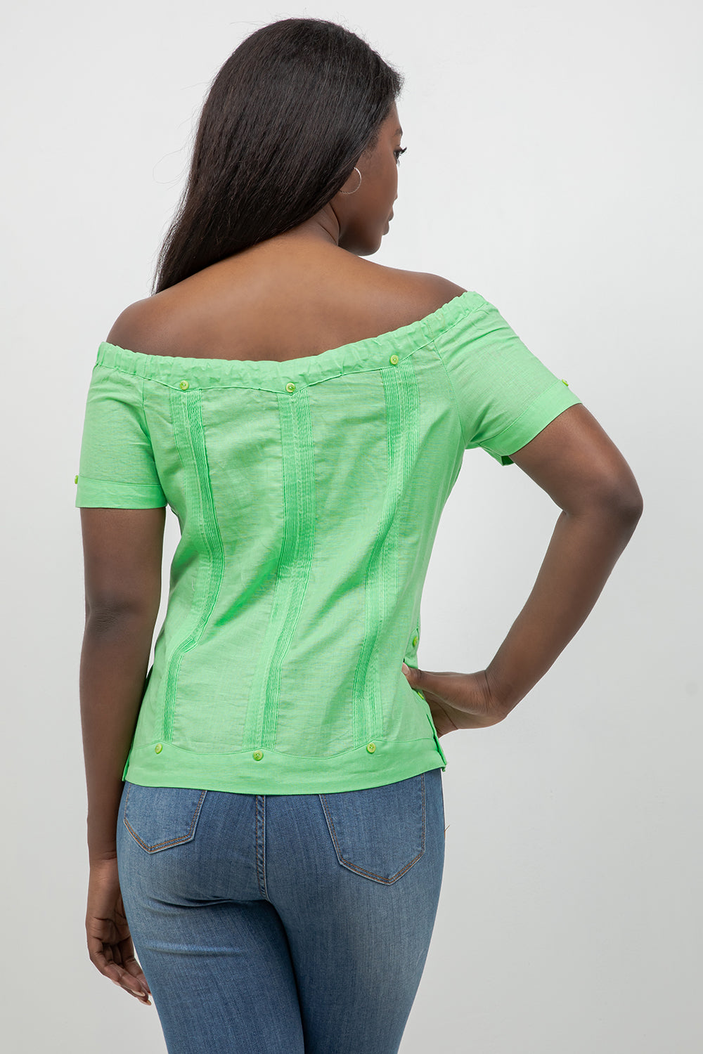 Off-Shoulder Guayabera Top – Linen Blend Button Down