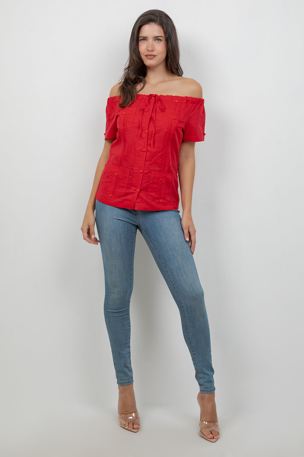 Women's Sexy Guayabera Off-Shoulder Top Button Down Linen Blend S-2X - Mojito Collection - Guayabera Halter Top, Mojito Guayabera Shirt Women, Womens Guayabera Shirt, Womens Shirt