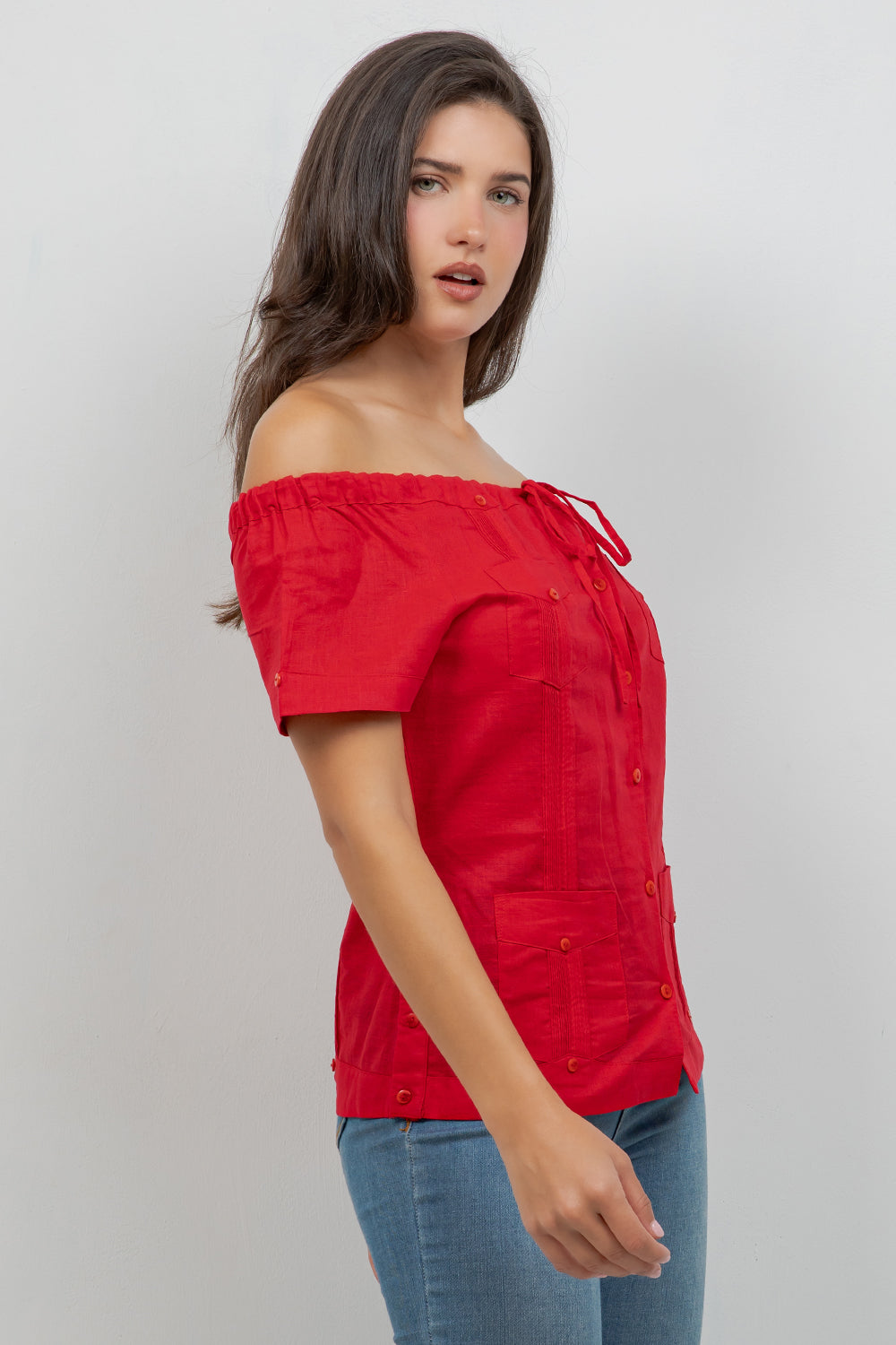 Women's Sexy Guayabera Off-Shoulder Top Button Down Linen Blend S-2X - Mojito Collection - Guayabera Halter Top, Mojito Guayabera Shirt Women, Womens Guayabera Shirt, Womens Shirt