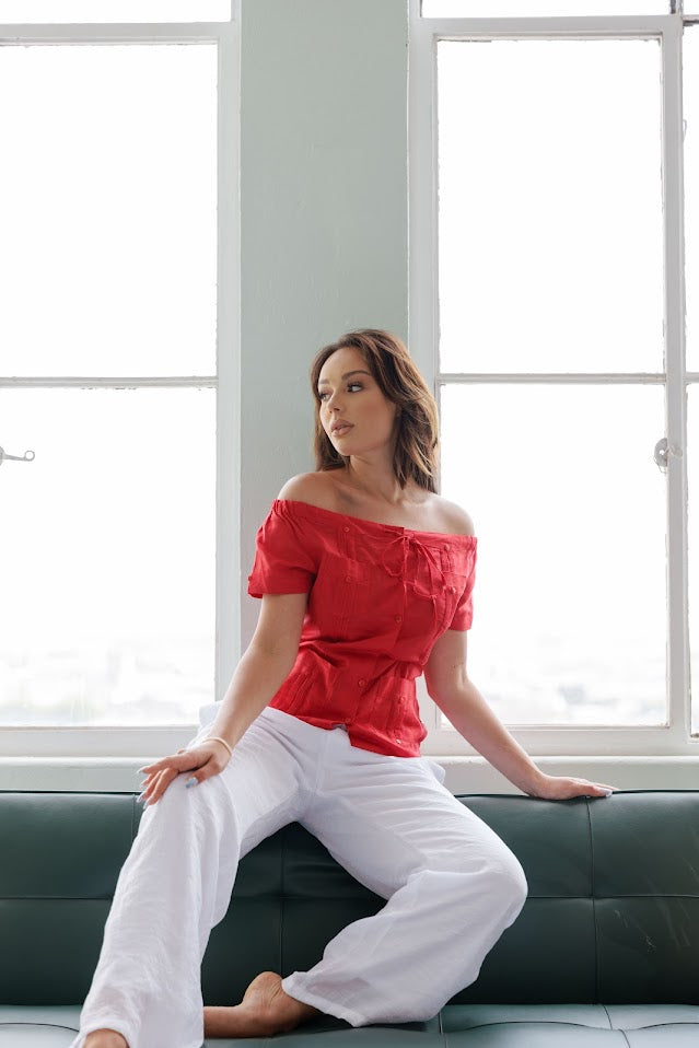 Guayabera sexy para mujer, con hombros descubiertos, botones y mezcla de lino, tallas S-2X