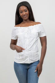 Off-Shoulder Guayabera Top – Linen Blend Button Down