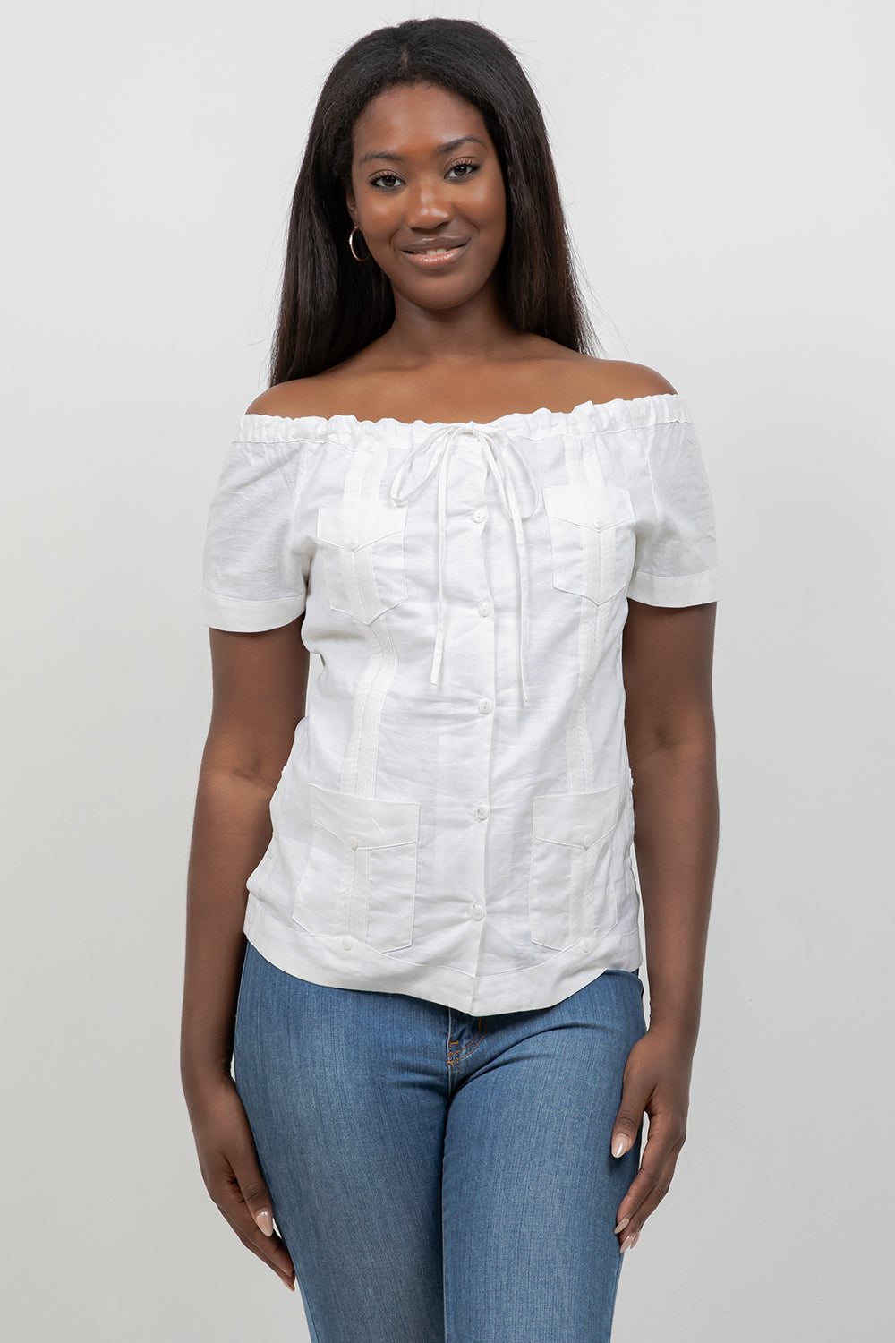 Off-Shoulder Guayabera Top – Linen Blend Button Down
