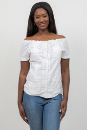 Off-Shoulder Guayabera Top – Linen Blend Button Down