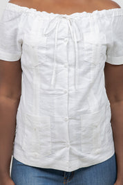 Off-Shoulder Guayabera Top – Linen Blend Button Down
