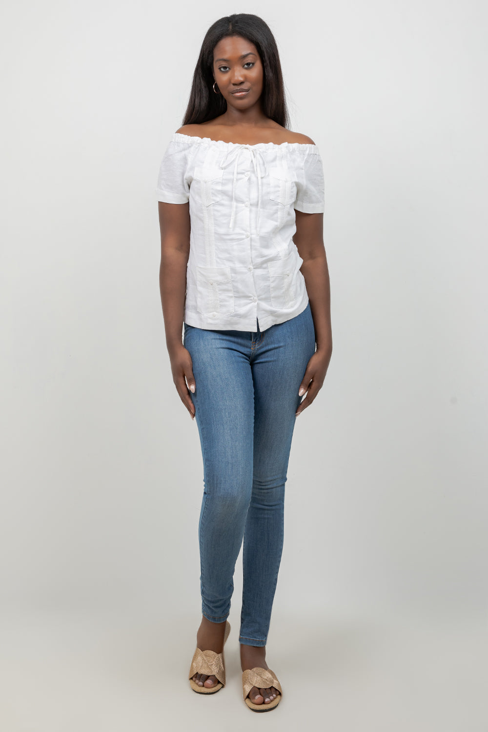 Off-Shoulder Guayabera Top – Linen Blend Button Down