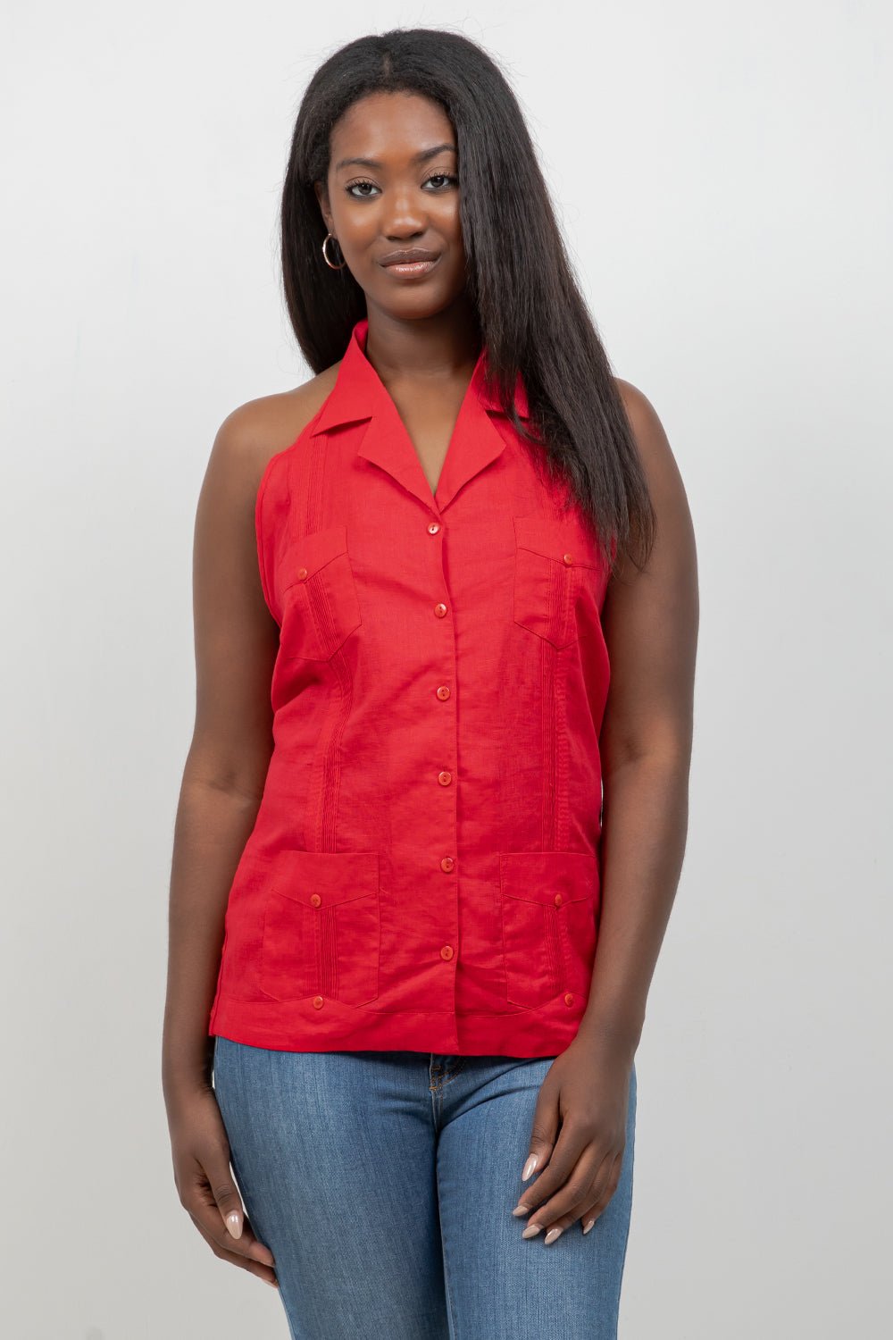 Top guayabera halter de lino para mujer – Abotonado, corte ligero