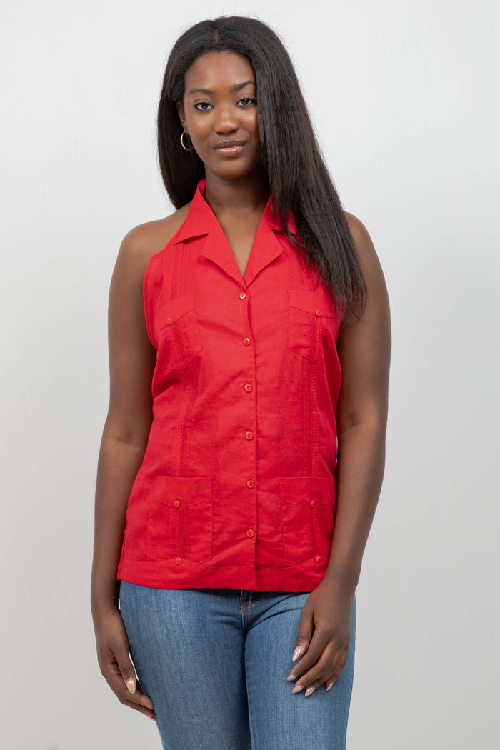 Women's white guayabera halter top, sleeveless, front view, vacation outfit, Mojito Collection