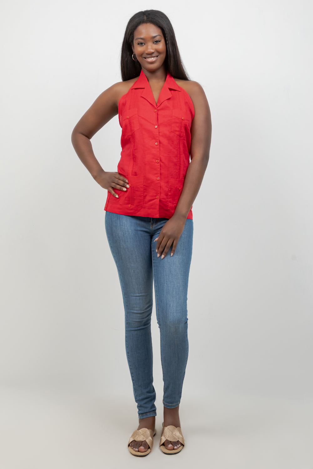 Women's Linen Blend Guayabera Halter Top – Button Down, Lightweight Fit