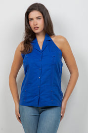 Top guayabera halter de lino para mujer – Abotonado, corte ligero